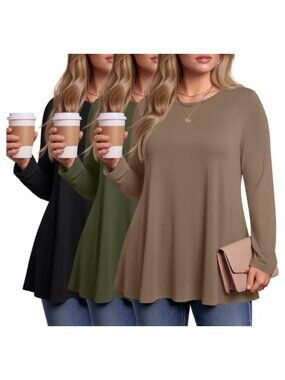 Plus Size Tunic Tops Long Sleeve Round Neck Stretch Knit 3 Pack